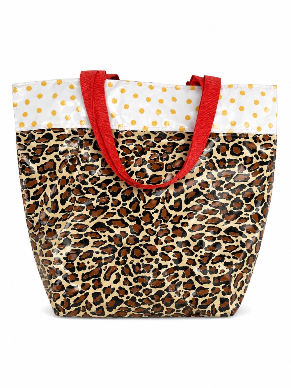 Leopard Print Polka Dot Tote Bag Red Handles Canvas Shoulder Carryall‎ Purse